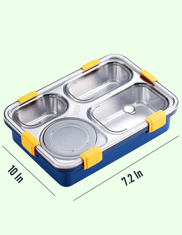 4 compartment Stainless Steel Lunchbox with Cutlery - Blue