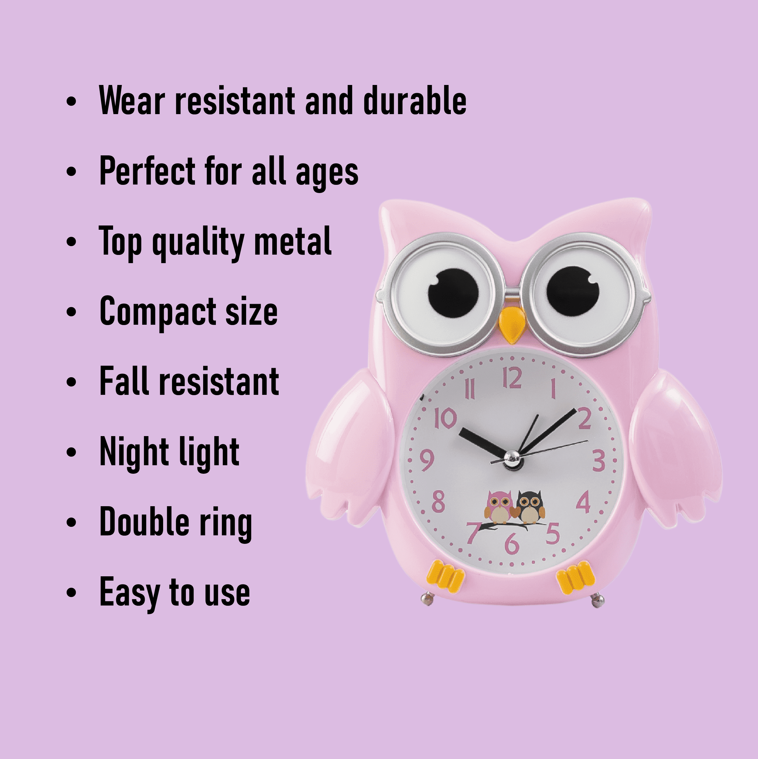 Alarm Clock Metal Owl - Pink