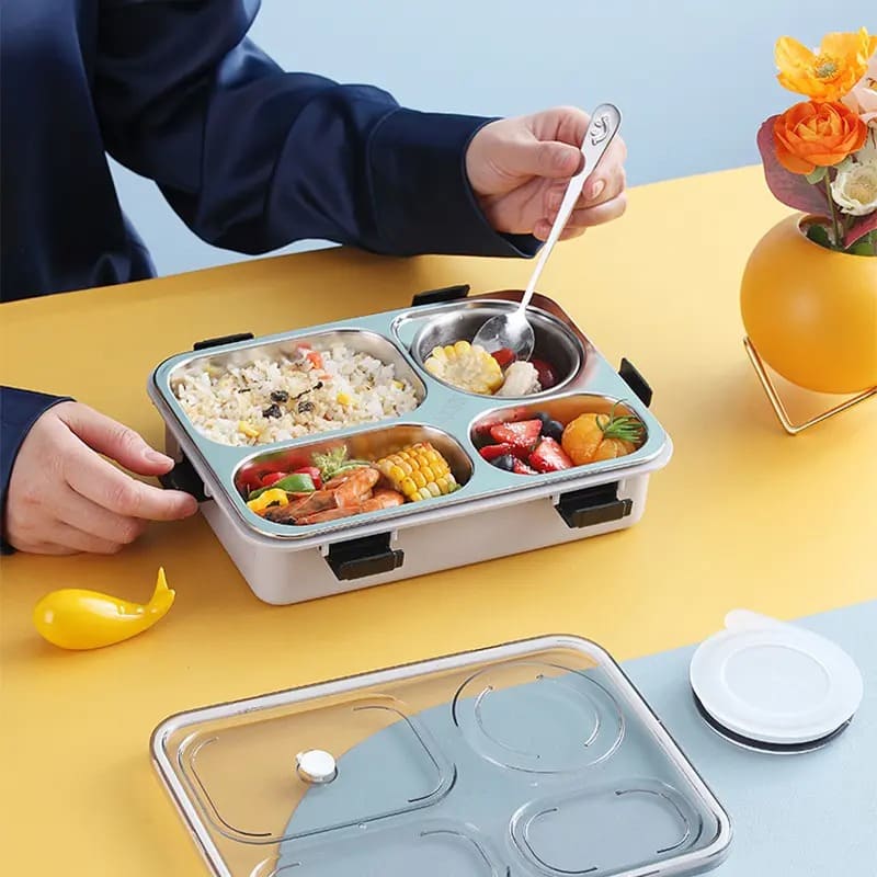 4 compartment Stainless Steel Lunchbox with Cutlery - Blue