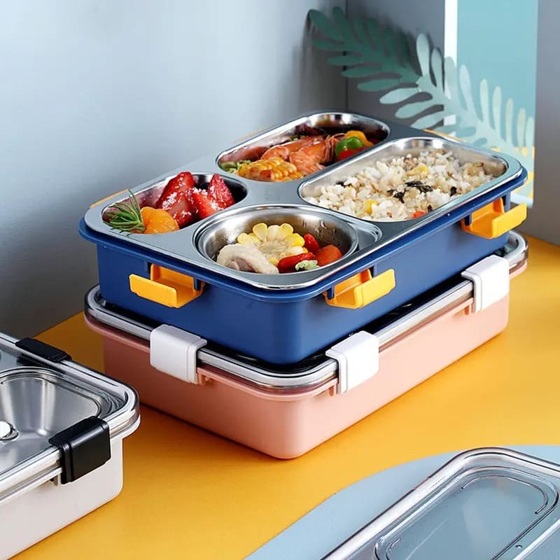 4 compartment Stainless Steel Lunchbox with Cutlery - Blue