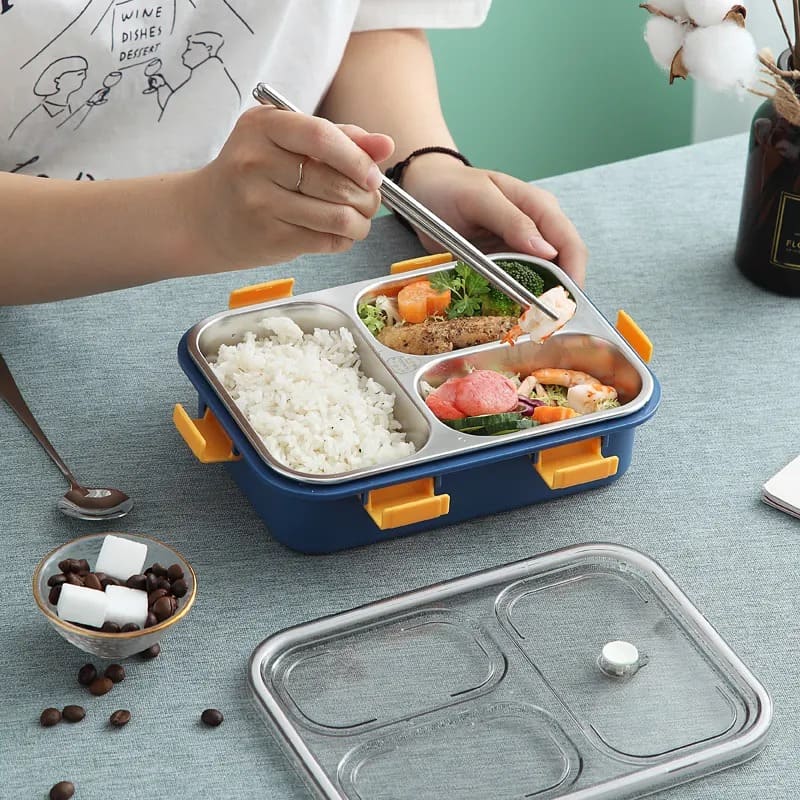 3 compartment Stainless Steel Transparent Lid Lunch Box with Cutlery - Pink